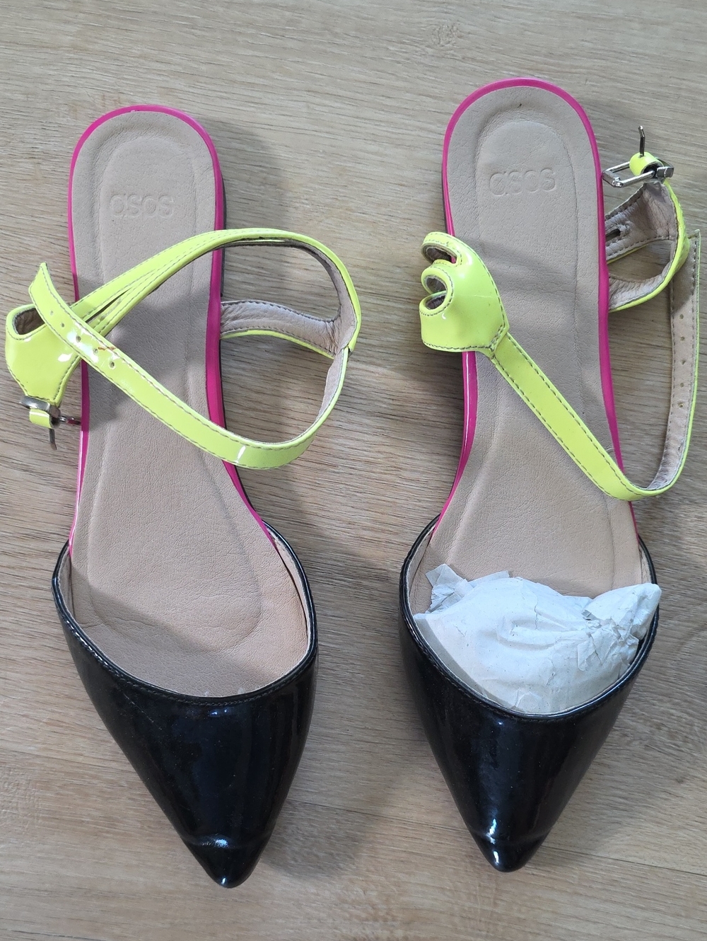 ASOS Black Pointed-Toe Flats with Neon Yellow Ankle Straps and Pink Trim